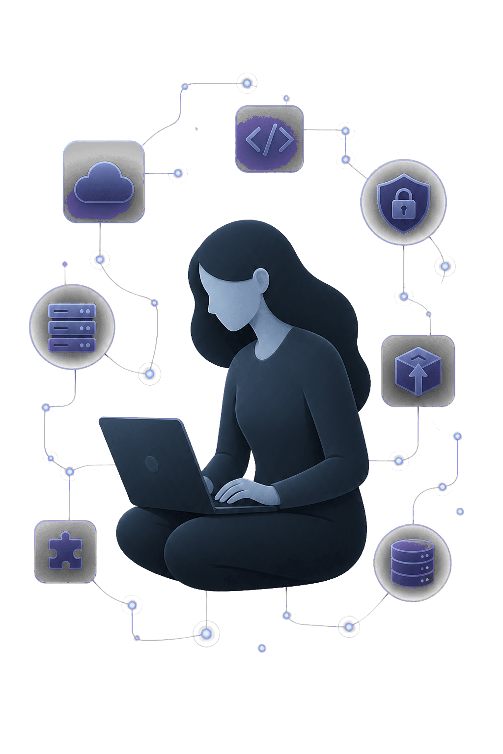 Serious Zoraen technology silhouette with hosting and software solution nodes